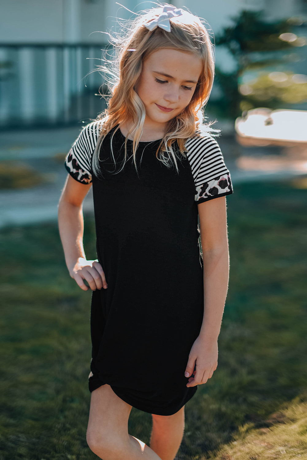 Gray Leopard Striped Splicing Twist Knot Kids Dress