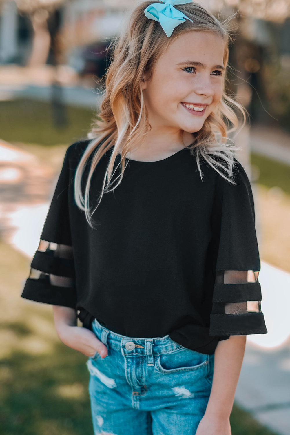 Black Girl's 3/4 Bell Sleeve Mesh Panel Blouse