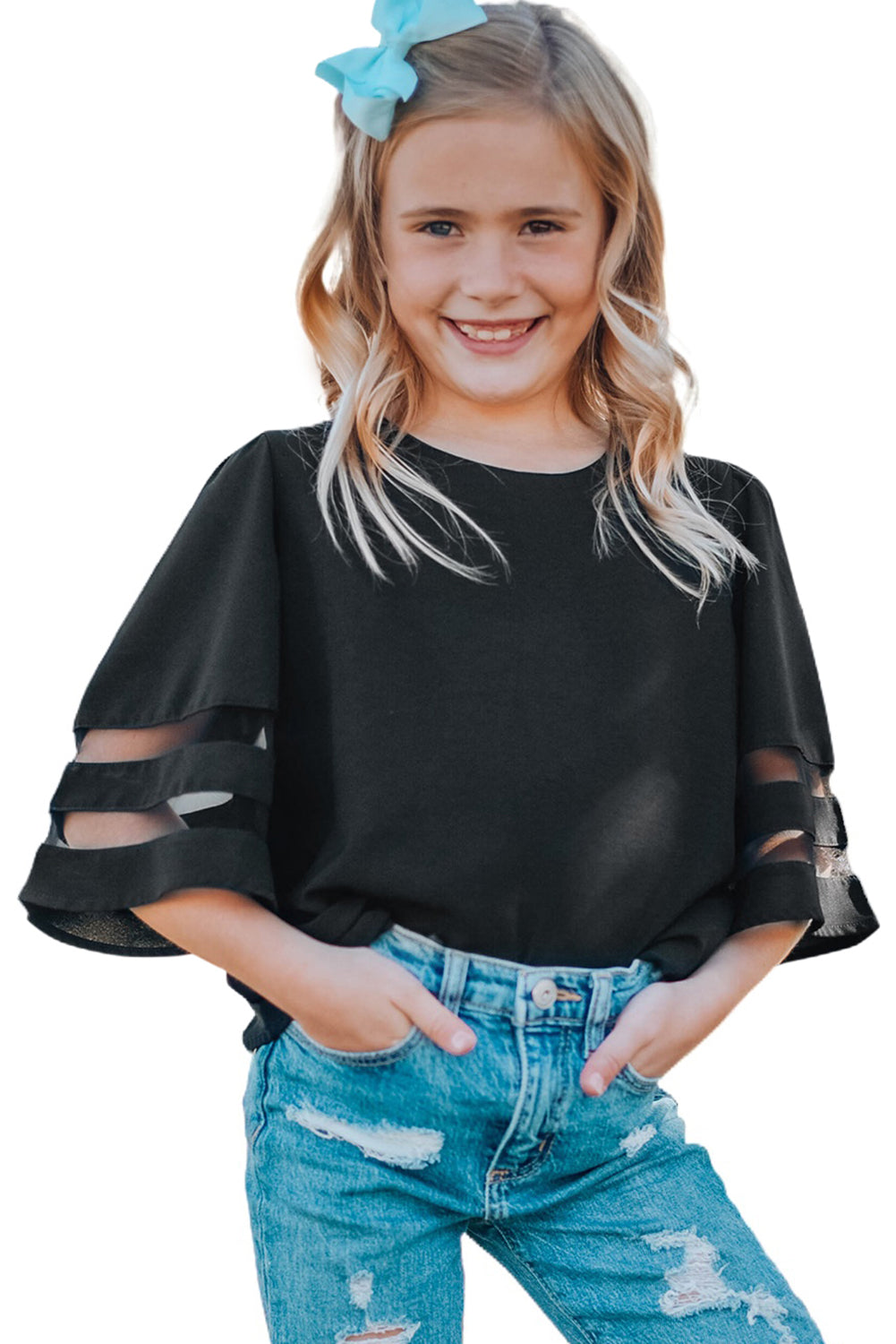 Black Girl's 3/4 Bell Sleeve Mesh Panel Blouse