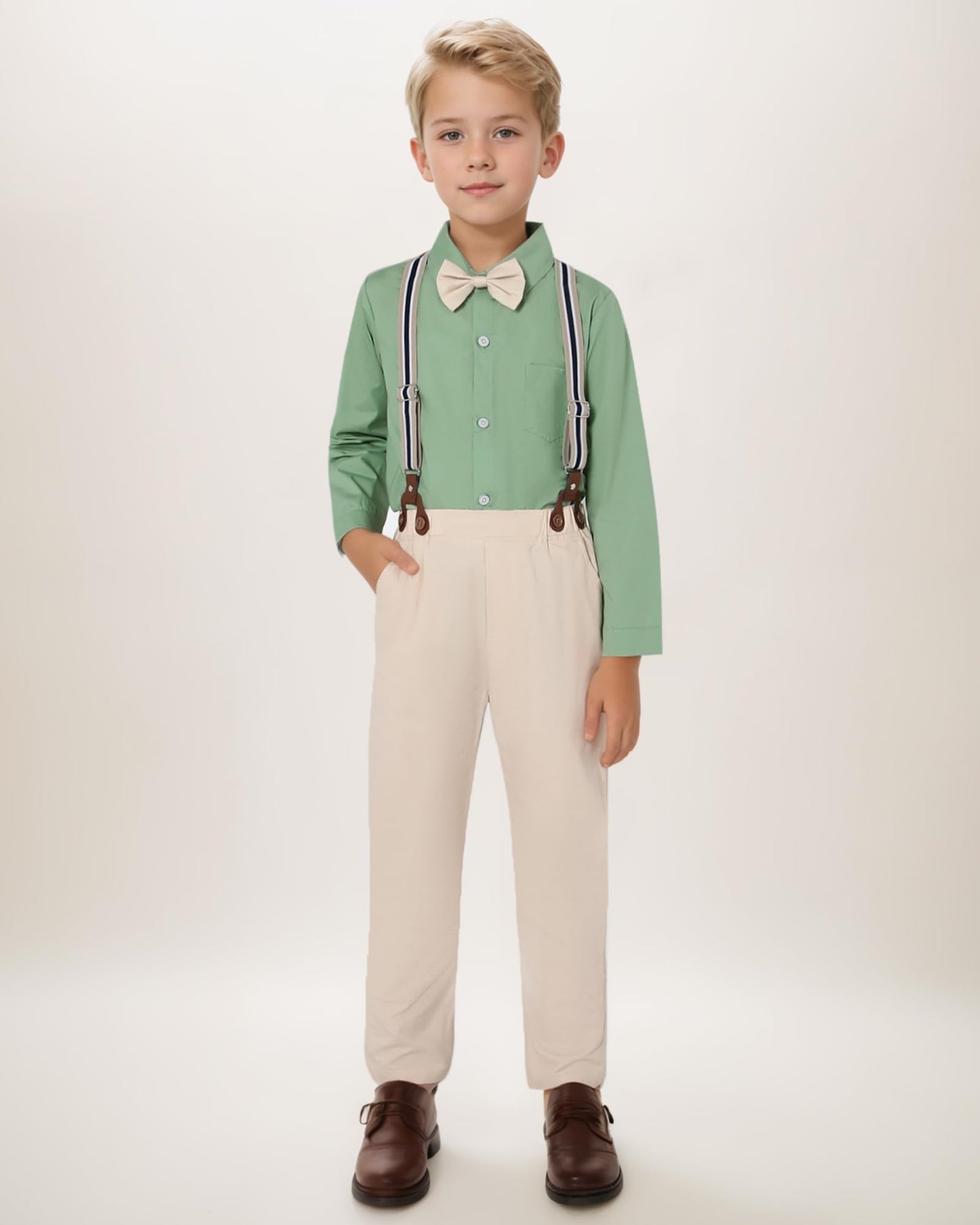 YALLET Boy Clothes Suit, Formal Dress Shirt with Bowtie+Suspender Pants Big Kid Gentleman Wedding Outfits(Light Green, 6-7 Years)