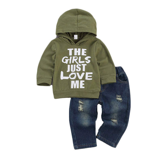 fhutpw Toddler Baby Boy Outfits Hoodie Sweatshirts & Jeans Clothes Set Fall Winter 6 9 12 18 24 Months (A-Green, 12-18 Months)