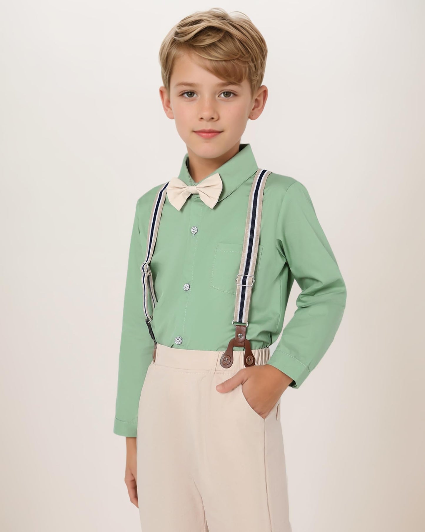 YALLET Boy Clothes Suit, Formal Dress Shirt with Bowtie+Suspender Pants Big Kid Gentleman Wedding Outfits(Light Green, 6-7 Years)