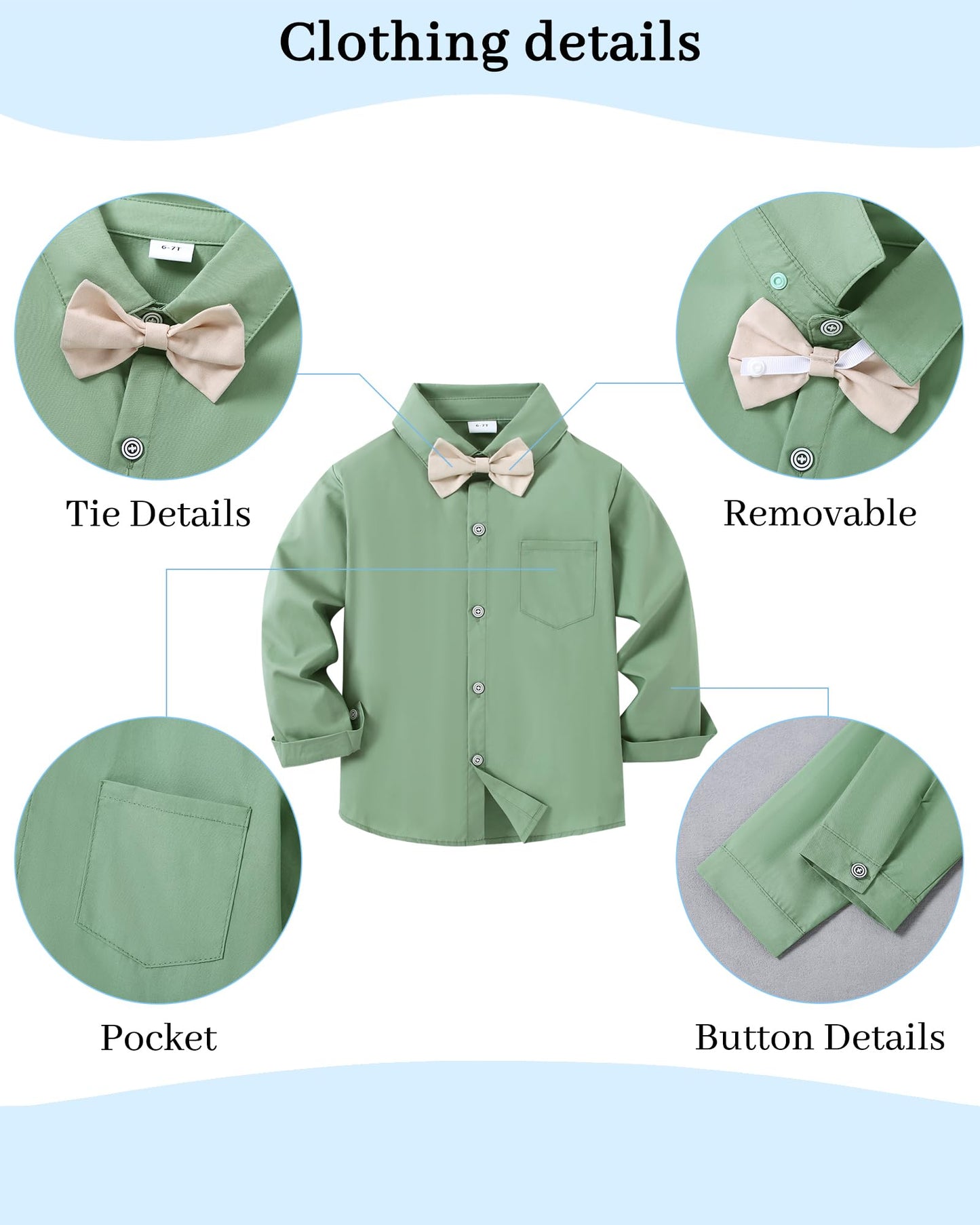 YALLET Boy Clothes Suit, Formal Dress Shirt with Bowtie+Suspender Pants Big Kid Gentleman Wedding Outfits(Light Green, 6-7 Years)