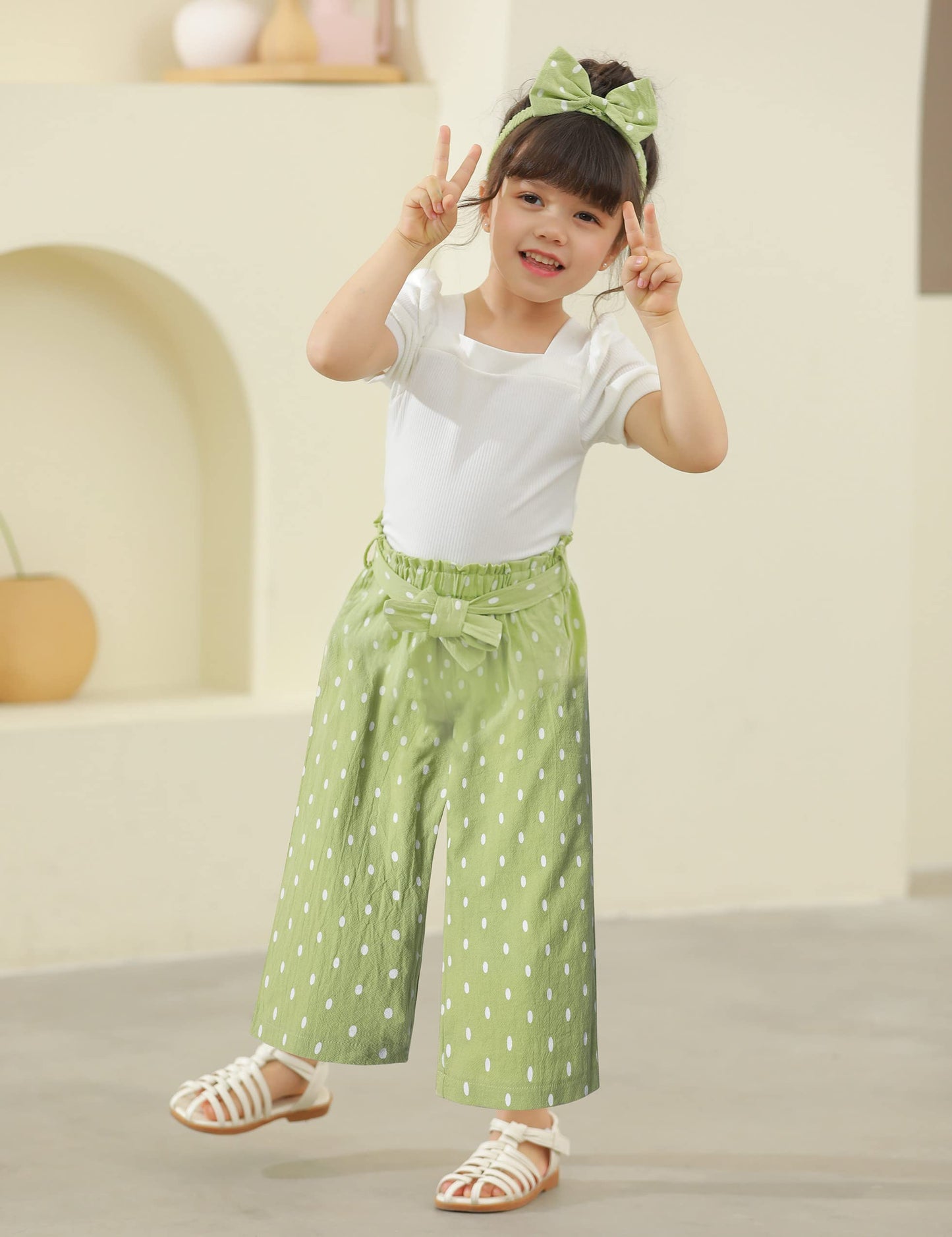 DONWEN Toddler Girl Clothes 5-6t Clothes for Kids Puff Short Sleeve Square Neck Top Green Dots Pants 3pcs Spring Summer Girls Clothes