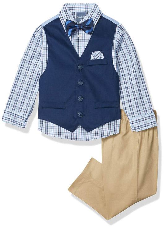 Nautica Boys' Little 4-Piece Set with Dress Shirt, Tie, Vest, and Pants, Khaki/Navy