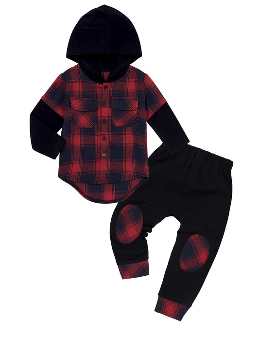 DONWEN Toddler Baby Boys Clothes Flanel Lattice Button Down Hoodied Tops +Pants Boys Fall Winter Outfits(3-4T)