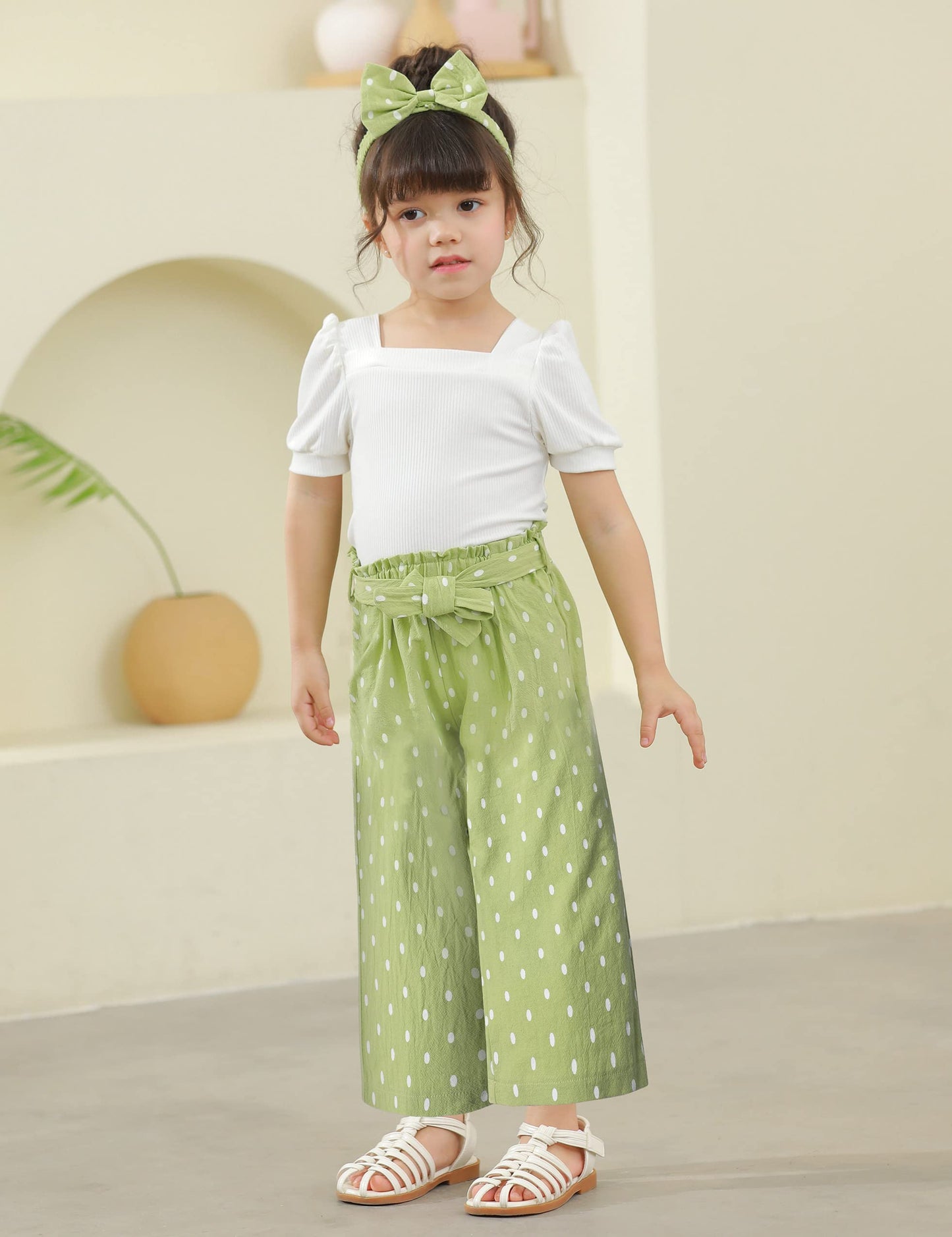 DONWEN Toddler Girl Clothes 5-6t Clothes for Kids Puff Short Sleeve Square Neck Top Green Dots Pants 3pcs Spring Summer Girls Clothes