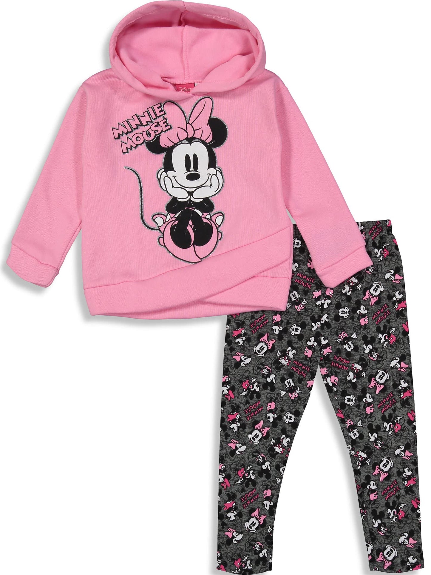 Disney Minnie Mouse Toddler Girls Crossover Fleece Hoodie and Leggings Outfit Set Pink Glitter 5T