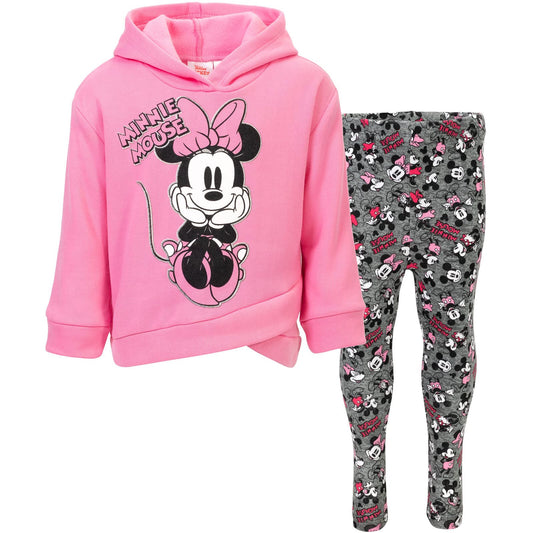 Disney Minnie Mouse Toddler Girls Crossover Fleece Hoodie and Leggings Outfit Set Pink Glitter 5T