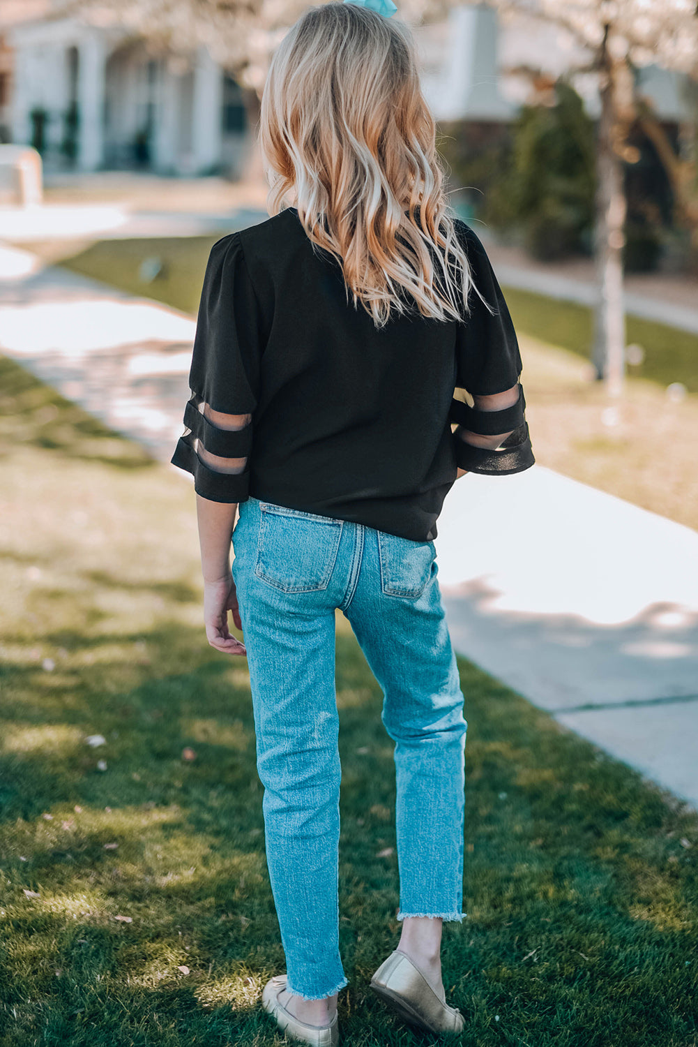 Black Girl's 3/4 Bell Sleeve Mesh Panel Blouse