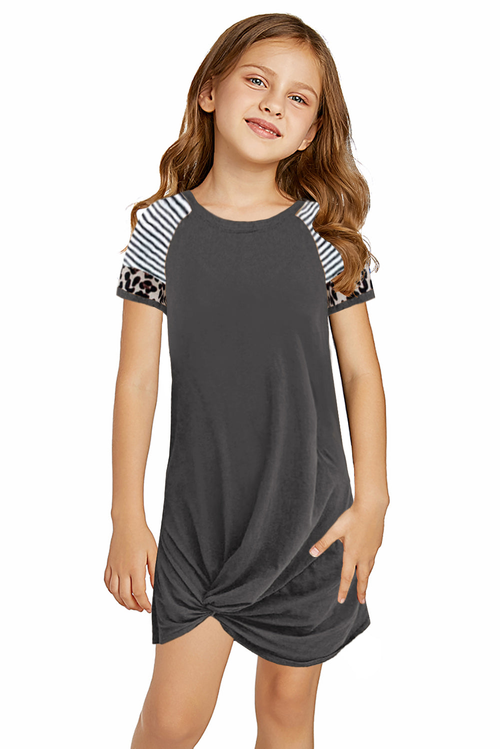 Gray Leopard Striped Splicing Twist Knot Kids Dress