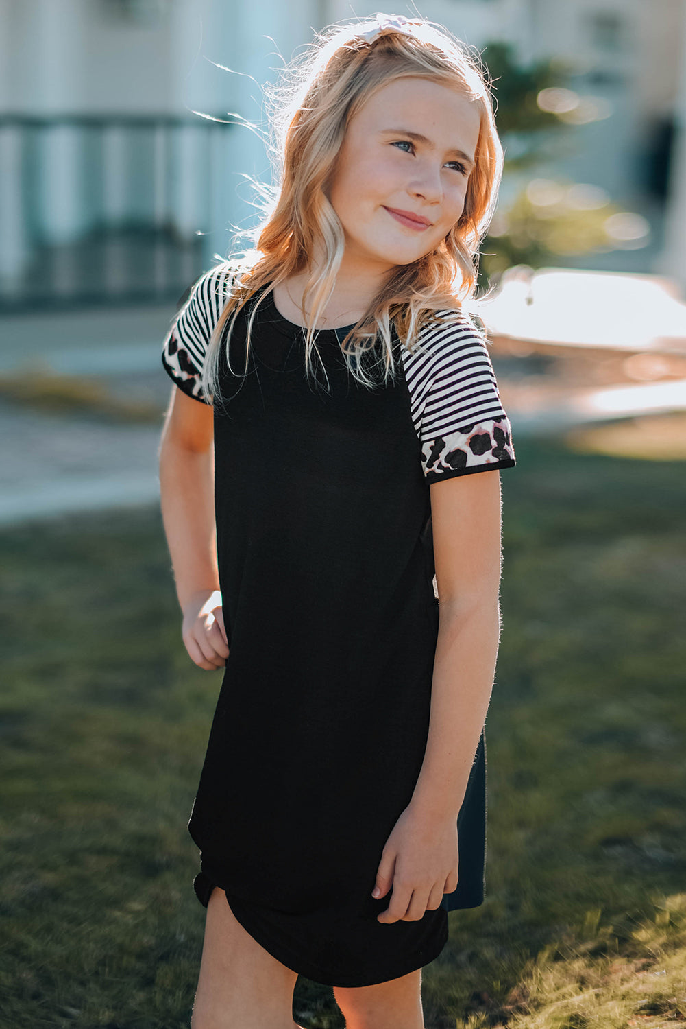 Gray Leopard Striped Splicing Twist Knot Kids Dress